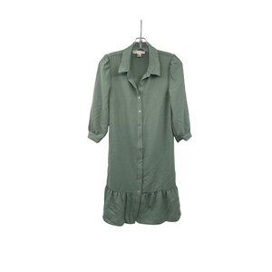 Monteau Los Angeles Button Up Shift Dress Ruffle Hem 3/4 Sleeve Green Size XS